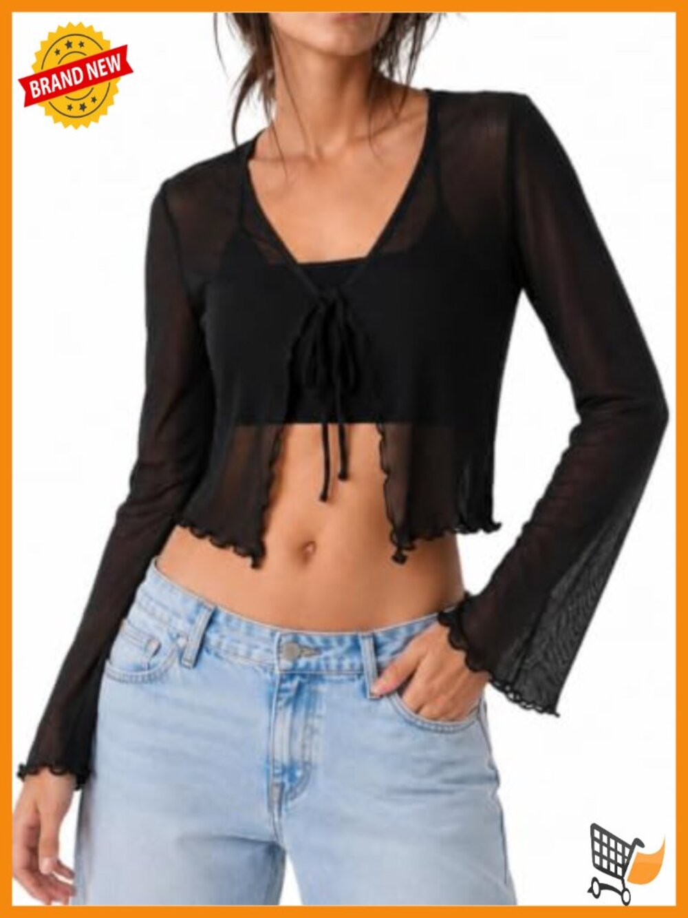 Women's Open Front Sheer Mesh Crop Top Cardigan Long Sleeve Lettuce Trim